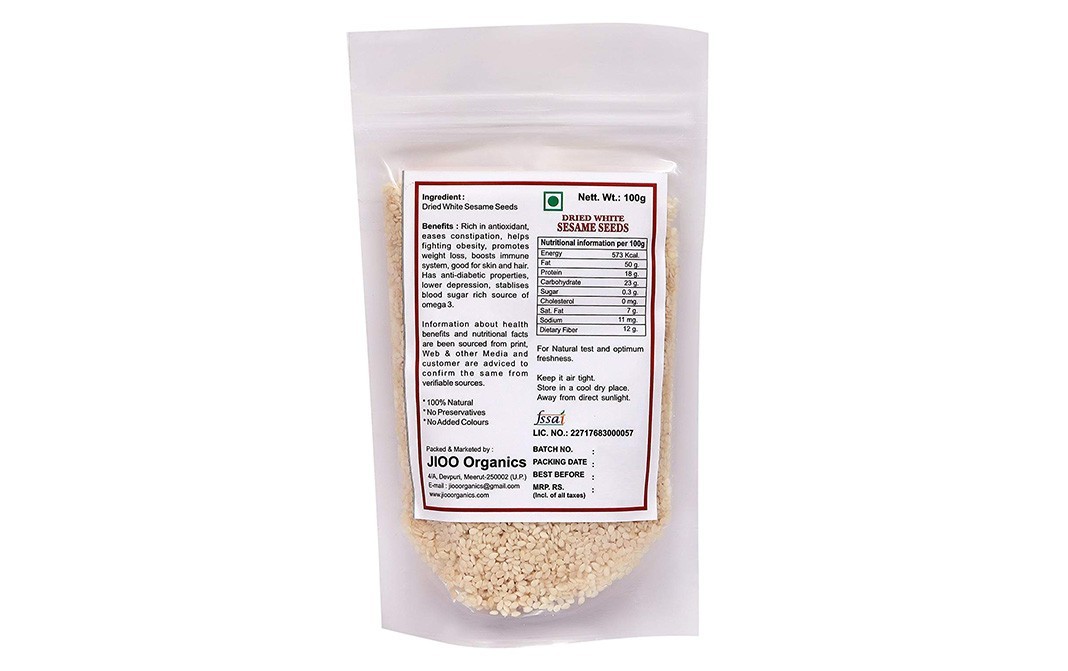 Jioo Organics Dried White Sesame Seeds (Safed Til)   Pack  100 grams